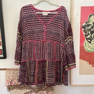 Maeve anthropologie 100% silk Pink Multi Boho V-Neck Smocked Tunic size m/l